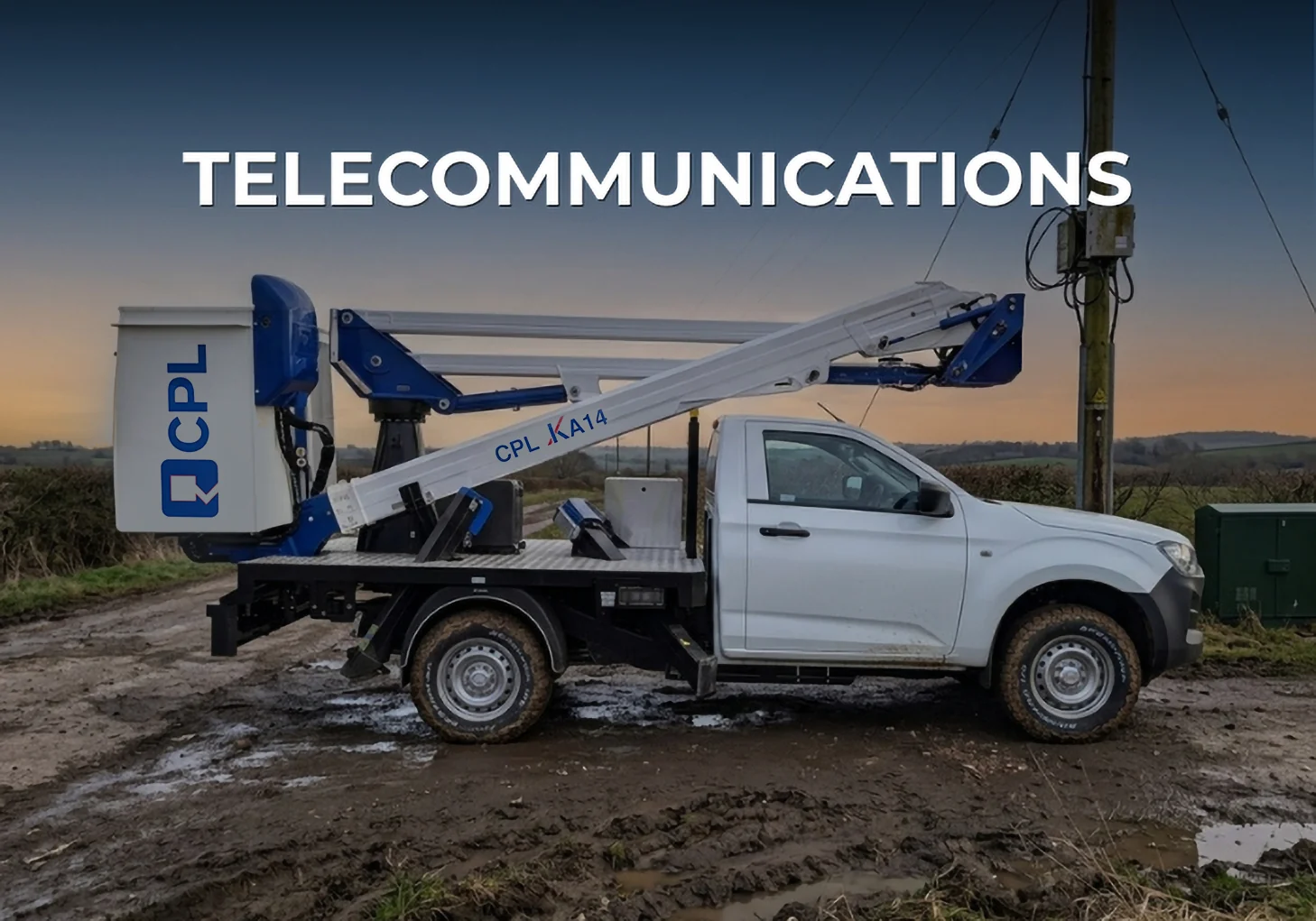 CPL KA14 truck mounted cherry picker working on telecoms overhead cabling