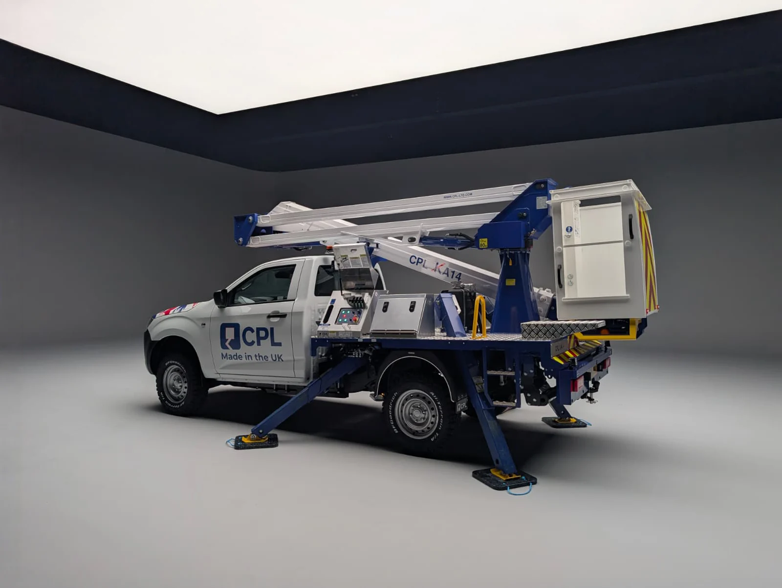 Isuzu D-Max pickup truck with CPL 14m cherry picker platform mounted